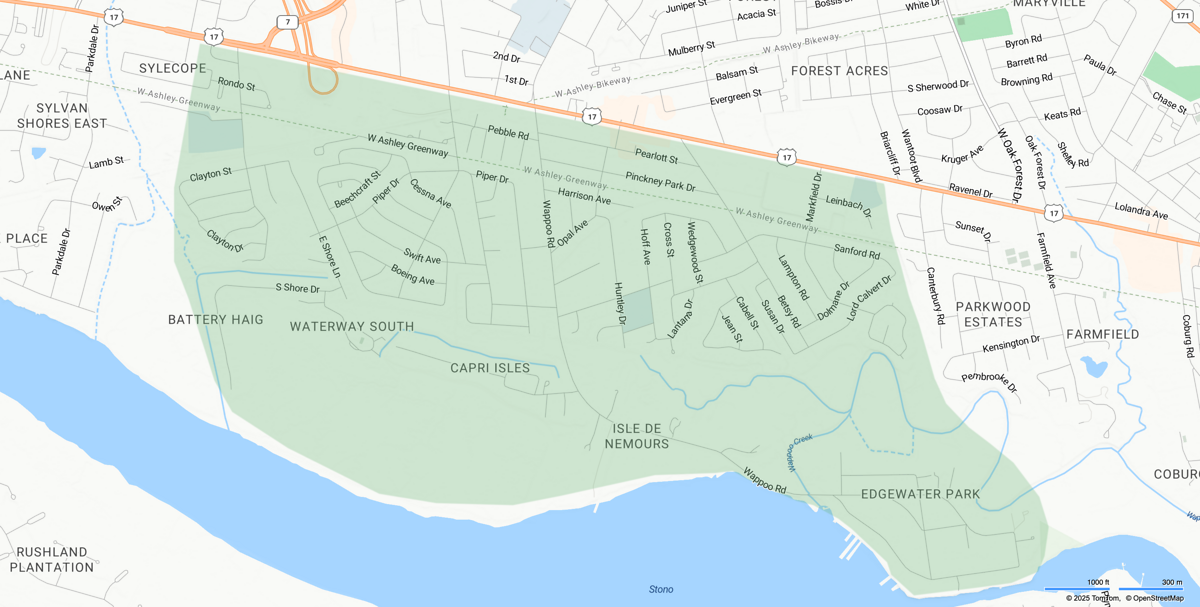 Wag Moore Service Areas Map - West Ashley neighborhoods including Rother Harrison, Indigo Point, Edgewater Park, Geddes Hall/Marsh Oaks, Capri Isles, and Oakland